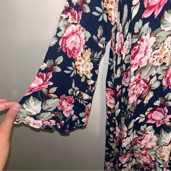 Umgee Navy Floral Trapeze Swing Cut Bell Sleeve Dress / Tunic Size L Large - Picture 8 of 14